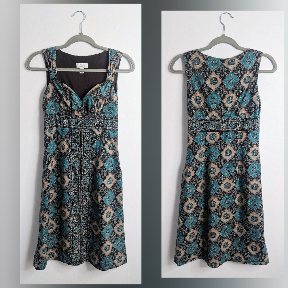 Ann Taylor Loft | Brown Sleeveless Dress with Tan & Teal Diamond Pattern
